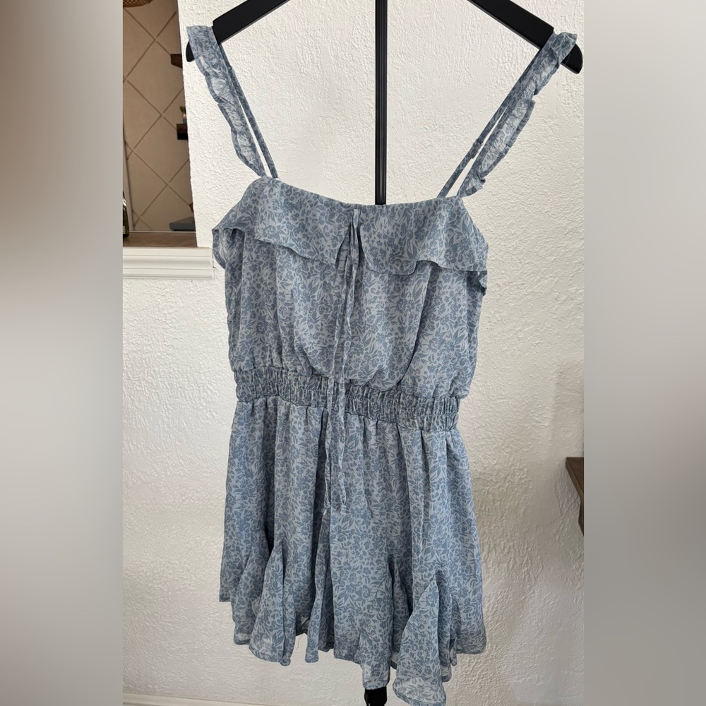 Trixxi Light Blue Floral Ruffle Strap Romper